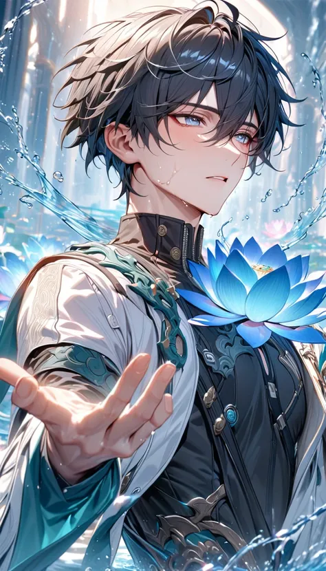 absurdres, highres, ultra detailed, HDR, master piece, best quality, Dan Heng, black hair, expressive blue eyes, Honkai Star Rail, solo, sexy man, handsome, black clothes, white coat, water, magic, fantasy, radiant, magical, power, water control, blue lotu...