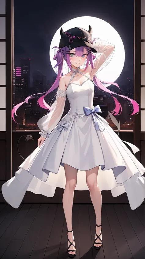 aatowa, long hair, twintails, black headwear, baseball cap, fake horns, hairclip, piercing, demon tail,
BREAK (transparent tulle wedding dress with long sleeve and long tail:1.2),
BREAK (Night:1.7), Japan, cyberpunk, CityView, Before Window, Standing at at...