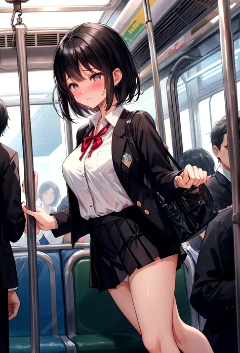 Black Hair　Shortcuts　uniform　crowded train　mini skirt　White panties　Skirt flip　Holding back tears