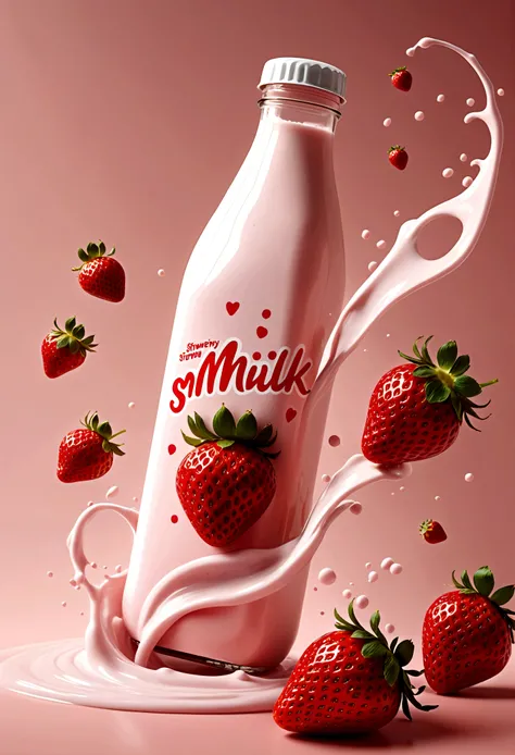 strawberry milk bottle, strawberries flying around. design