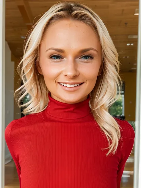 blonde goddess ivana sugar wearing a bright red ribbed turtleneck top