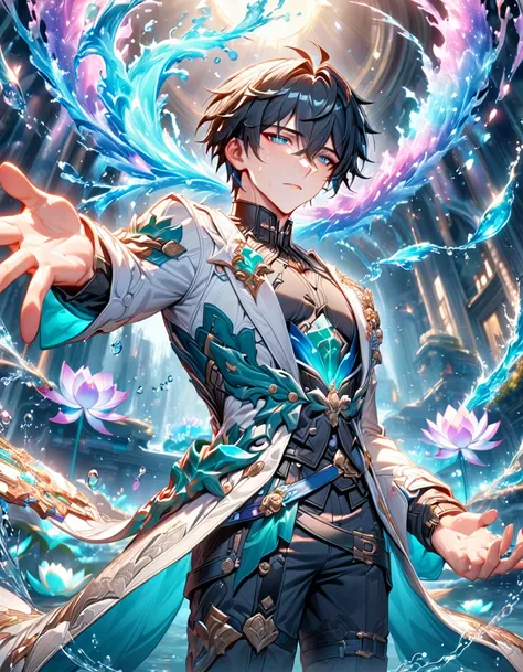 absurdres, highres, ultra detailed, HDR, master piece, best quality, Dan Heng, black hair, expressive blue eyes, Honkai Star Rail, solo, sexy man, handsome, black clothes, white coat, water, magic, fantasy, radiant, magical, power, water control, blue lotu...