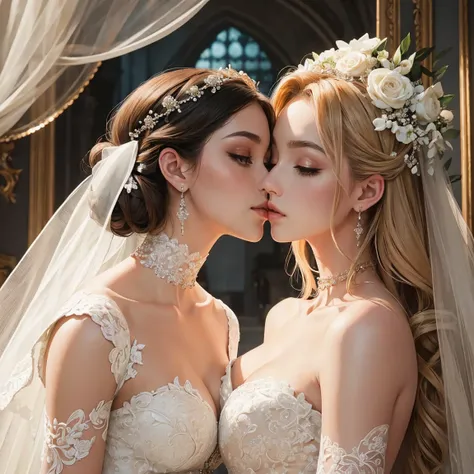 (masterpiece, highest quality, official art, beauty and aesthetic), two stunning bride is deeply in love with each other, kiss