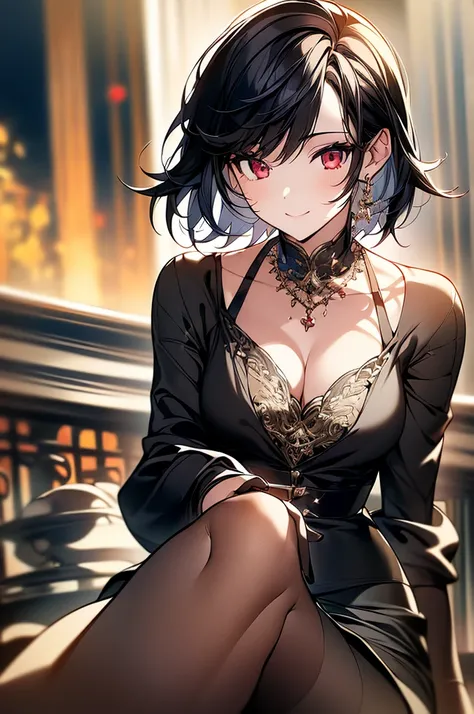 (masterpiece, highest quality, highest quality, (No text), Beautiful and aesthetic:1.2),No text,アニメ、 high resolution　BREAK,One Girl，Short black hair　Beautiful eyes　Red eyes　Beautiful girl　cool　smile　Black Coat　mini skirt　profile　Night view　Detailed eyes an...