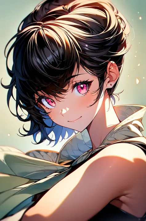 (masterpiece, highest quality, highest quality, (No text), Beautiful and aesthetic:1.2),No text,アニメ、 high resolution　BREAK,One Girl，Short black hair　Beautiful eyes　Red eyes　Beautiful girl　cool　smile　Black Coat　mini skirt　profile　Night view　Detailed eyes an...