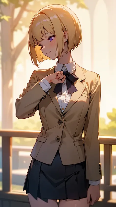 1 Girl、8K、Sharp focus、(Bokeh) (Highest quality) (Detailed skin:1.3) (Intricate details) (anime)、(blonde)、short hair、Bobcut、Blunt bangs、Beautiful purple eyes、Slender body、White shirt、Black mini skirt、Black Fitted Blazer、profile、Calm face、Mouth closed、Cheeky...