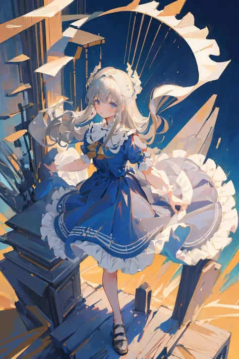 ((best quality)), ((masterpiece)), (detailed), 1 Girl, (Gray long hair), cute，Classic style long skirt,Baroque blue dress,Stacked dress with ruffle trims,