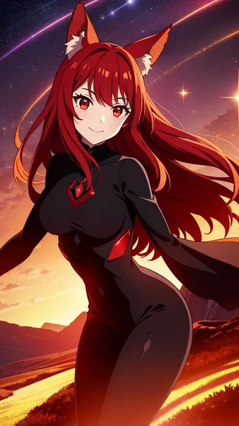 1girl ,20s,happy face,black bodysuit,(red hair),long hair,fox ears,smile,landscape with vibrant red crystal formations, exotic flora that lights up in the twilight, and a star-filled sky of unfamiliar constellations.