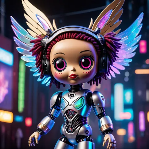 (knitted toy voodoo doll:1.7), (Voodoo Spectral Cyborg:1.3), (Clothing: semi-synthetic jumpsuit with shimmering holographic inserts, built-in LED panels:1.0), (Accessories: bionic wings with laser feathers, plasma gloves, holographic crown band:1.2), (back...