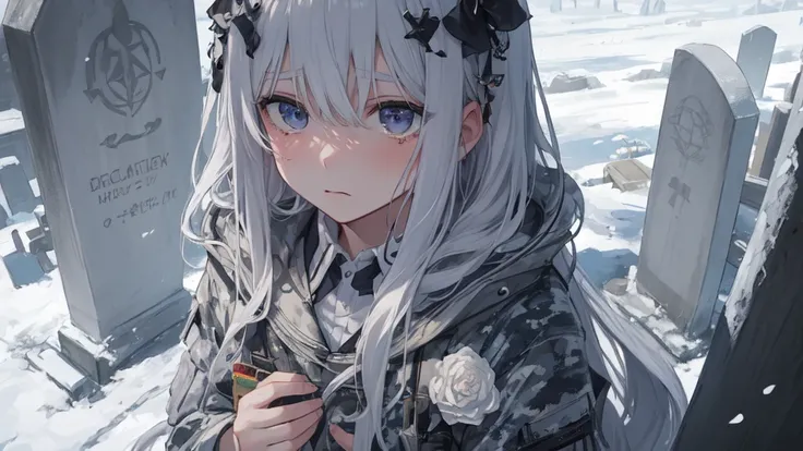 masterpiece:1.2), best quality , 独奏 ,pixiv, anime girl ，long straight white hair , black eyes ,Wearing off-white camouflage uniform ,ten years old，modern battlefield，(Eyes looking into the distance:1.3)，(look away:1.5)，snowy weather，dirty face，The girl loo...