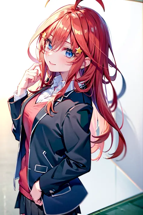 (8K, Highest quality, Highest quality, masterpiece), aaitsuki, long hair, ahoge, star hair ornament, smile, school uniform, blazer, black jacket, open jacket, red sweater, long sleeves, denim short shorts, big breasts, school, from above angle