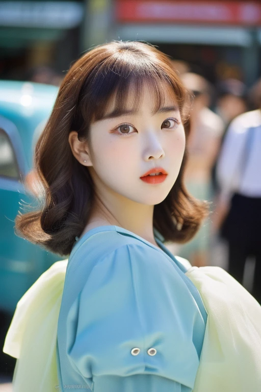 Seoul, 1952. A young korean girl, 23-year-old, strikingly beautiful, delicate facial features, porcelain skin, expressive eyes, in the street, ((awe expression)), ((((clothings from the 1950s)))), ((hairstyle of the 1950s)), colorful