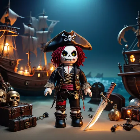 (knitted toy voodoo doll:1.7), (Voodoo Phantom Ocean Pirate:1.3), (Clothing: worn pirate outfit with modern elements, leather vest with silver chains, patched pants:1.0), (Accessories: ghostly compass, glowing knife, crossbow with magical bolts:1.2), (back...