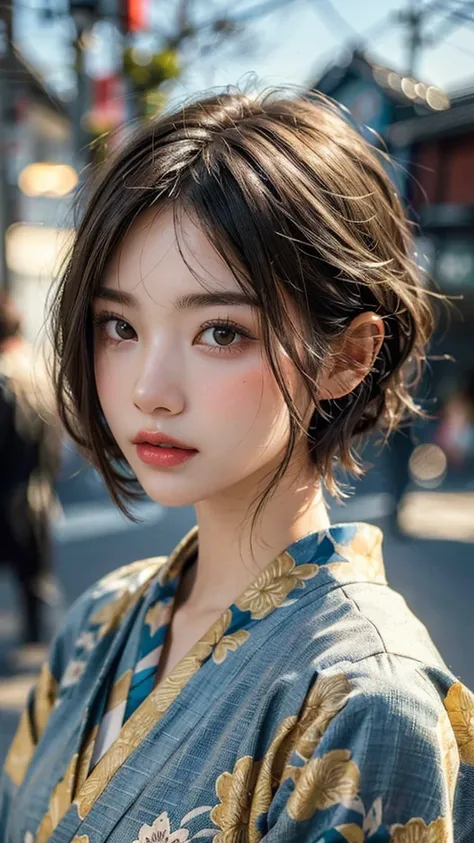 (Highest quality, masterpiece:1.3), shape, ((Beautifully detailed face)), beautifully detailed skin, Intricate details, Very detailed, Best image quality in 8K,(18 year old high school girl:kimono),A Japanese girl,Baby Face,(Detailed Hair,Bobcut:1.4),Detai...