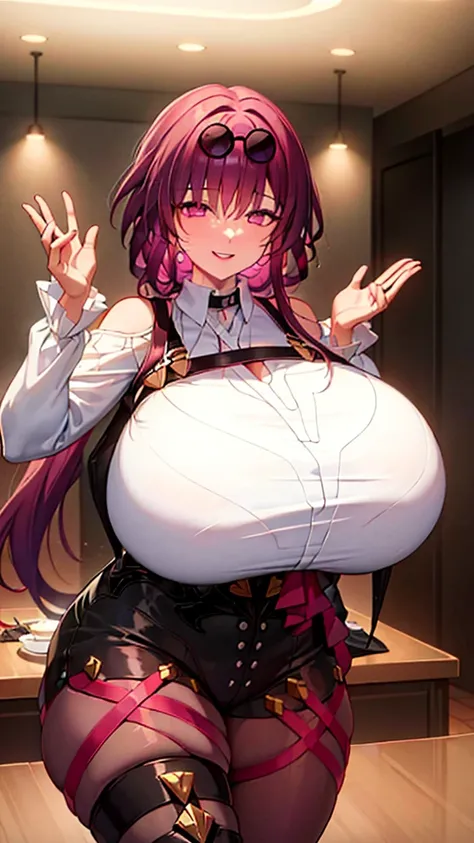 ((masterpiece)),((Highest quality)),High resolution,Extremely detailed CG,Perfect lighting,8k wallpaper, One Girl,Purple Hair,Very long hair、Very large breasts、Very huge breasts、Very big ass、Very thick legs、Smiling、Shorts、tights、Open the buttons on your sh...