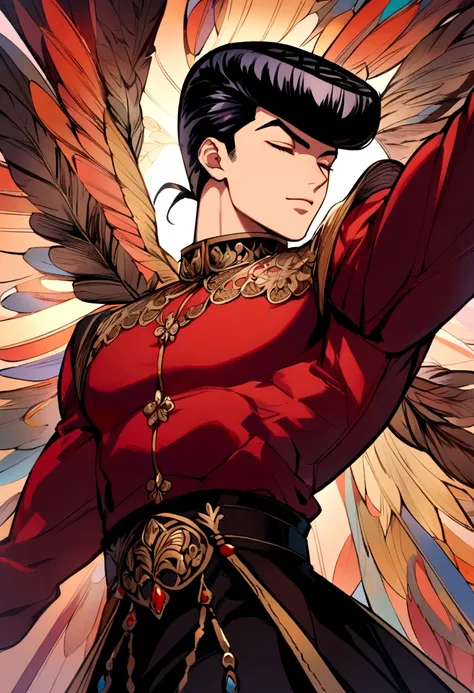 boy similar to muscular josuke short black hair and red shirt with closed eyes levitating on a background with feathers a bright background