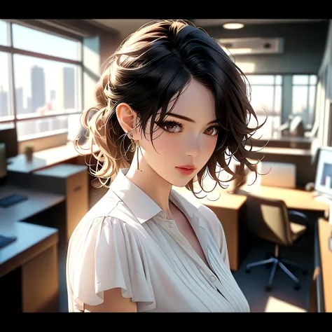 (best quality:1.2, 8k, masterpiece, highly detailed, highest quality), photorealistic, 2D illustration, woman, office setting, professional, black tights, pencil skirt, white blouse, sleek,  confident pose,  sharp lighting,  detailed eyes, beautiful detail...