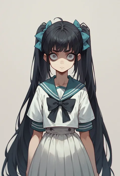 Highest quality, girl, Twin tails, Black Hair, bow 髪, Iris, Sailor, Long skirt、 Stinking eyes, reproachful eyes, scornful eyes, stare or glare with scornful eyes,