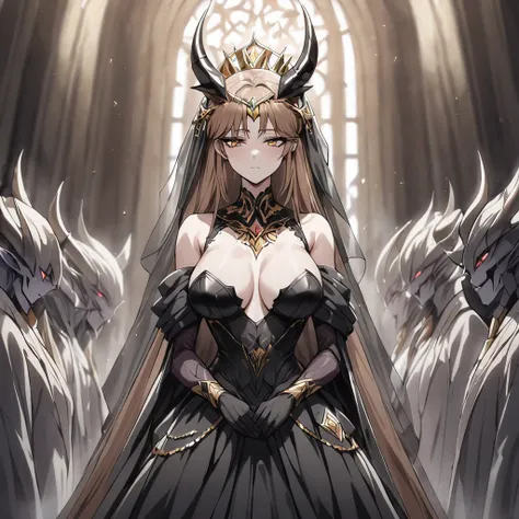 ((Highest quality)), ((masterpiece)), (detailed), （Perfect Face）、The woman is Princess Leona, who is having a wedding ceremony with the Demon King. She has medium-long light brown hair and is wearing a gorgeous black wedding dress decorated with gold and a...