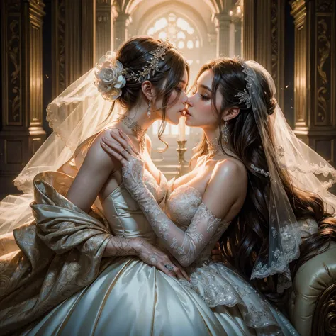 (masterpiece, highest quality, official art, beauty and aesthetic), two stunning bride is deeply in love with each other, kiss