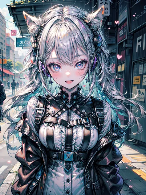  (Cityscape:1.2), Browsing Caution, (Face of love, I&#39;I am very happy:1.5), (mecha musume, Cyborg Girl), Teen, Stylish angle, Stylish pose, (headphone, Mechanical fuselage, mechanical clothing), Looking at the audience, Cutting your bangs, Blue mini ski...