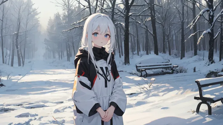 masterpiece:1.2), best quality , 独奏 ,pixiv, anime girl ，long straight white hair , black eyes ,Wearing off-white camouflage uniform ,ten years old，(Eyes looking into the distance:1.3)，(look away:1.5)，Backlight，snowy weather，dirty face，Girl sleeping on a pa...