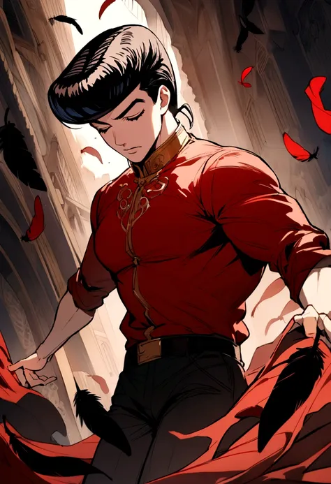 boy similar to muscular josuke short black hair and red shirt with closed eyes levitating on a background with feathers a bright background