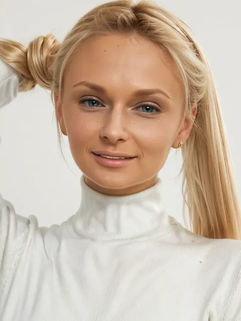 high detialed blonde ivana sugar wearing a pure white ribbed turtleneck sweater, long high tight turtleneck, long hair put up in...