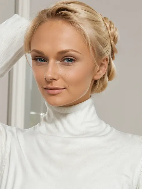 high detialed blonde ivana sugar wearing a pure white ribbed turtleneck sweater, long high tight turtleneck, long hair put up in...