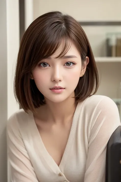 Highest quality、Gal、Fine skin、Short Hair、Beautiful eyes、Brown Hair