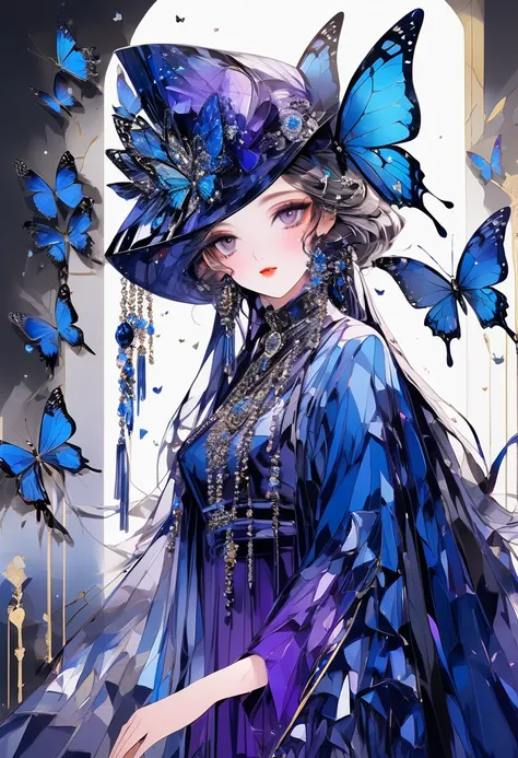 Butterfly motif、Purple and blue tones、Vibrant colors、((masterpiece)))、(((Highest quality)))、((Ultra-detailed))、(Surreal)、(Highly detailed CG illustrations）、From the right、Official Art、Milan at the beginning of the 20th century、Decadent、Madame Papillon、Masq...