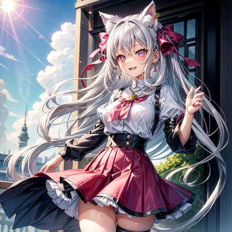 Silver hair, pink eyes, body, cat ears, sexy girl, earrings, sun and cloud background, hair bows, mitsuri, blouse, skirt uniform, bells necklace, happy face,  thigh up