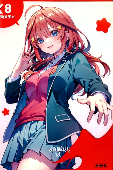 (8K, Highest quality, Highest quality, masterpiece), aaitsuki, long hair, ahoge, star hair ornament, fullbody, smile, school uniform, blazer, black jacket, open jacket, red sweater, long sleeves, denim short shorts, big breasts, school, from below