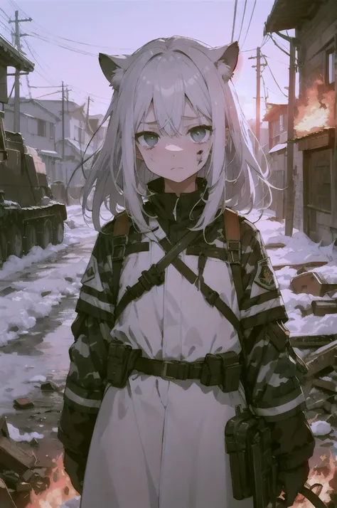 masterpiece:1.2), best quality , 独奏 ,pixiv, anime girl ，long straight white hair , black eyes ,Wearing off-white camouflage uniform ,ten years old，modern battlefield，(Eyes looking into the distance:1.3)，(look away:1.5)，snowy weather，dirty face，The backgrou...