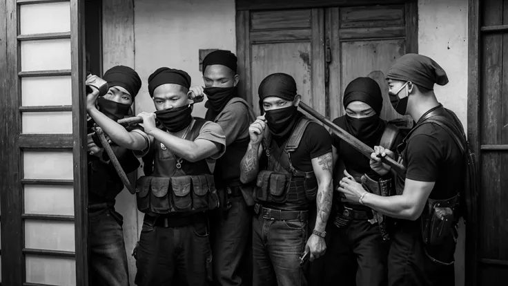 1930s, monochrome photography, A group of robber gang in Southeast Asia, have a hammer,robbery, (break a door), mouth and nose covered with a black bandana, ((black bandana)), 32K, Best quality, Masterpiece, super detail, High Details,