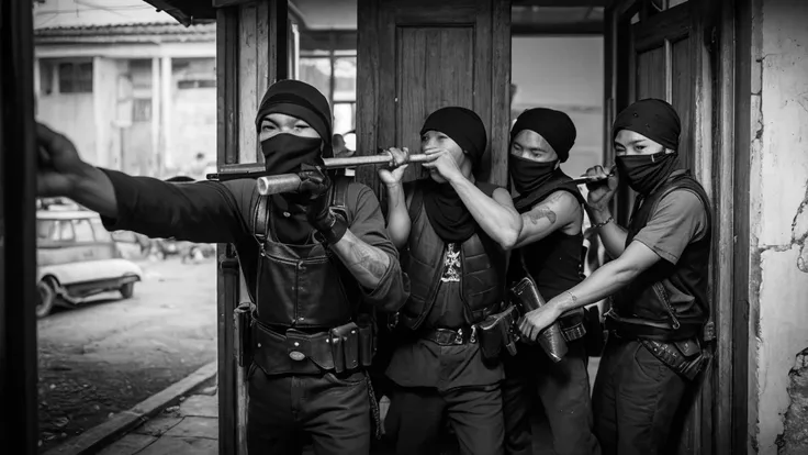 1930s, monochrome photography, A group of robber gang in Southeast Asia, have a hammer,robbery, (break a door), mouth and nose covered with a black bandana, ((black bandana)), 32K, Best quality, Masterpiece, super detail, High Details,