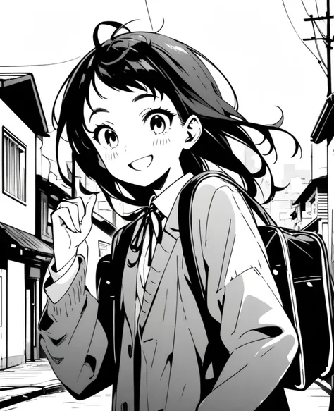 masterpiece, Highest quality 1girl, grayscale, style: Japanese Manga, Iris, street, ice, Black Hair, school bag, smile, Line art, White Background
