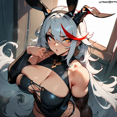 1girl, aegir (azur lane), azur lane  masterpiece, best quality, very aesthetic, absurdres, newest  sportive body,   by nyantcha,,by cutesexyrobutts,by khyle ///// white hair with a single prominent red streak, black horns, yellow eyes,  bunny girl outfit