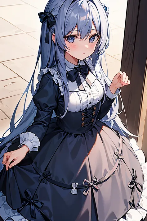 ((best quality)), ((masterpiece)), (detailed), 1 Girl, (Gray long hair), Classic style long skirt,Baroque blue dress,Stacked dress with ruffle trims,Cute style