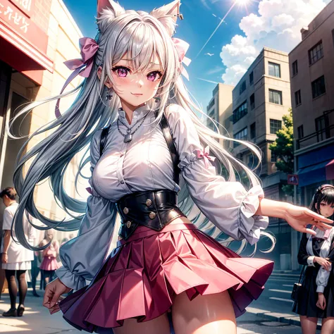 Silver hair, pink eyes, body, cat ears, sexy girl, earrings, sun and cloud background, hair bows, mitsuri, blouse, skirt uniform, bells necklace, happy face,  thigh up, Professional photo