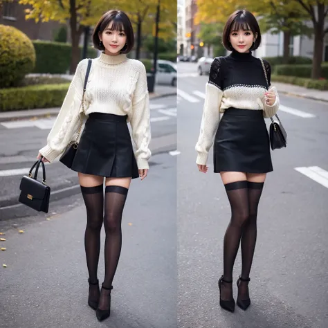 Short Bob，Knitted sweater，mini skirt，black tights，Black heels，Viewer&#39;s perspective，Tokyo Night，