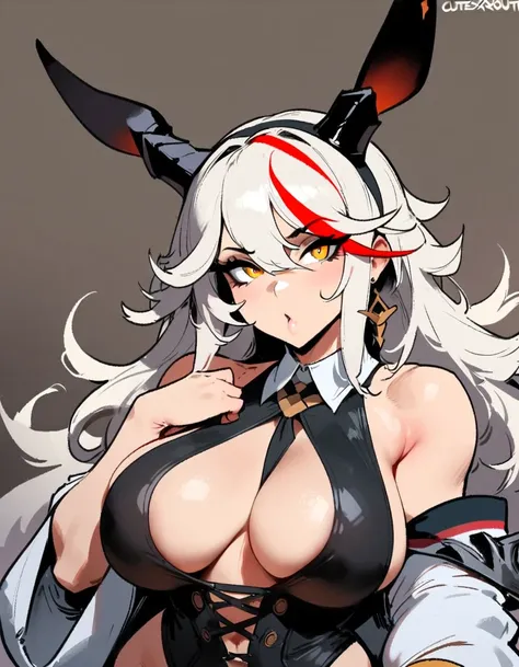 1girl, aegir (azur lane), azur lane  masterpiece, best quality, very aesthetic, absurdres, newest  sportive body,   by nyantcha,,by cutesexyrobutts,by khyle ///// white hair with a single prominent red streak, black horns, yellow eyes,  bunny girl outfit