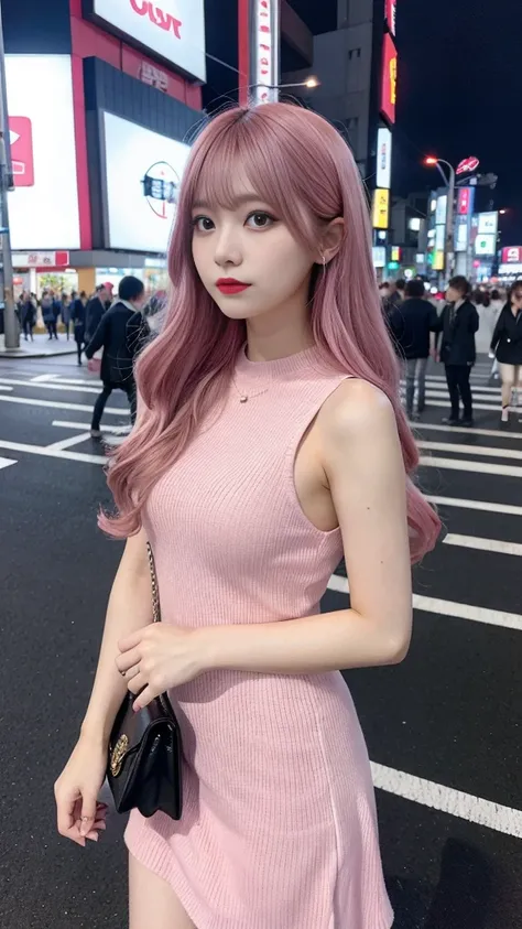 Tokyo, Kabukicho, Long hair blowing in the wind, Pink Hair, High resolution, dress