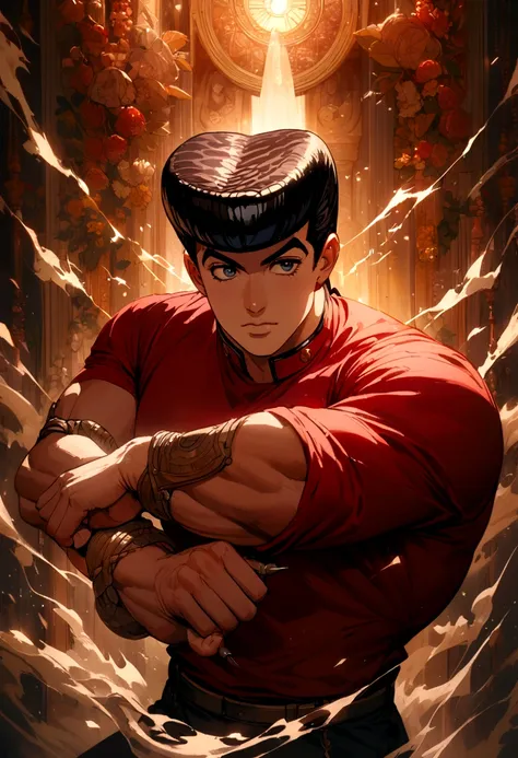 a happy and muscular josuke-like boy with black short hair in a red shirt being pricked by a needle in the arm