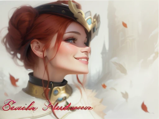 there is a woman with red hair and a collar around her neck, autumn, faint smile, sultry digital painting, smiling!! fantasy, autumnal empress, autum, smile, smooth. digital painting, #1 digital painting of all time, # 1 digital painting of all time, inspi...