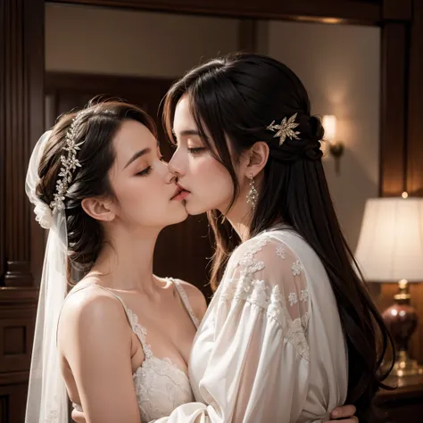 (masterpiece, highest quality, official art, beauty and aesthetic), two stunning bride is deeply in love with each other, kiss