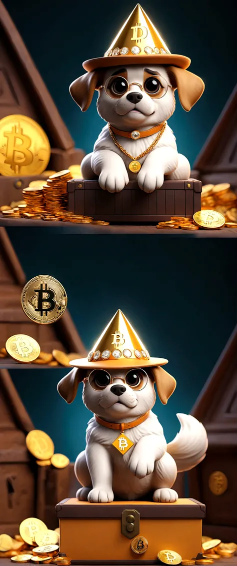 ,Cute puppy、Bitcoin、Cryptocurrency、rich、sunglasses、hat、hatのロゴに「D」It says in large letters:、Dynamic Jumps、Real、photograph、8K、cigar(((Too big diamond 1：9)))、Riding on a big diamond、Gold bars covering the entire wall、Jewels overflowing from a treasure chest((...