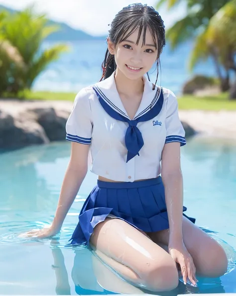 (NFSW)、(High resolution:1.5)、Highest quality,Very detailed,masterpiece,Super detailed,alone,(1人の12歳のBig Breastsの女の子),((Summer School Uniforms:1.5)), Seraphim, ((skirt:1.5)),  smile, Thigh fetish images: 1.5、(((barefoot)))、(Her thighs and white bikini refle...