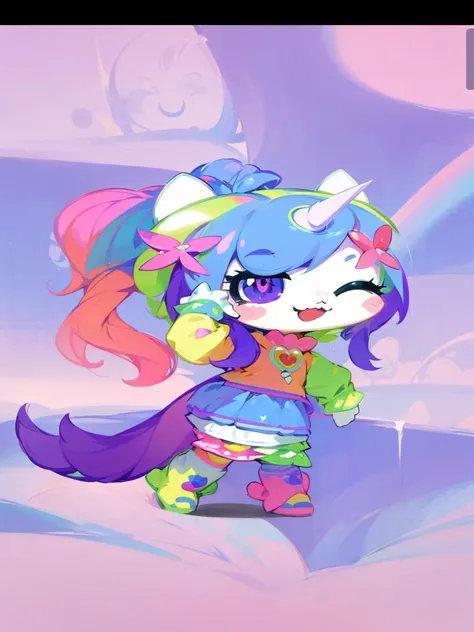 a close up of a cartoon character with a pink and blue dress, cutecore, cutecore clowncore, rainbowcore, cute colorful adorable, kawaii decora rainbowcore, aesthetic cute with flutter, advanced digital chibi art, fursona wearing stylish clothes, kawaii chi...