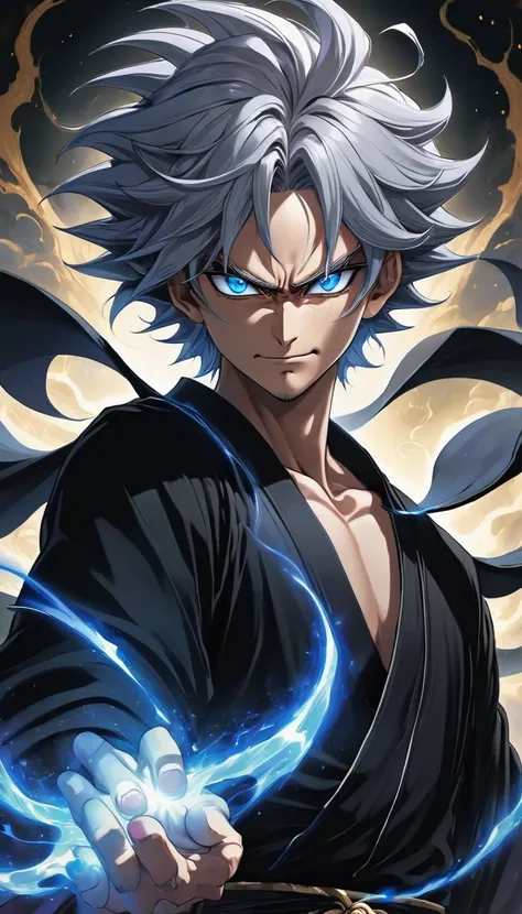 Imagine an evil god with gray hair and piercing blue eyes, (((dark aura emanating from his being))), magical black arms floating ominously above his shoulders, clad in a black t-shirt adorned with white X-shaped buttons, He stands confidently with a wicked...